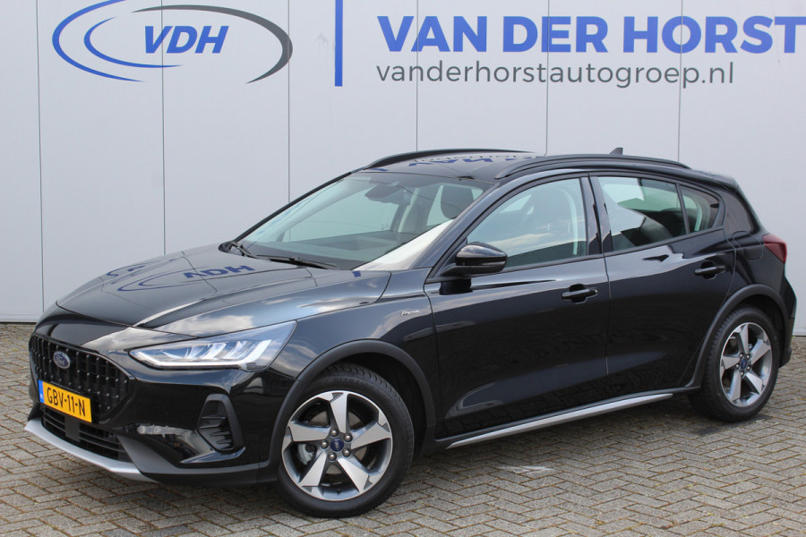 Ford Focus 1.0-125pk EcoBoost Hybrid Active. Garantie t/m 22-03-2027 ! Slechts 6.800km ! Volautm. airco, Stuur-, stoel- en voorraamverwarming, Lane- en sideassist, Adaptive cruise cntrl, Camera, Parkeersensoren v+a, B&O soundsystem, metallic lak, LM wielen etc.