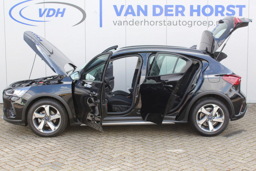 Ford Focus 1.0-125pk EcoBoost Hybrid Active. Garantie t/m 22-03-2027 ! Slechts 6.800km ! Volautm. airco, Stuur-, stoel- en voorraamverwarming, Lane- en sideassist, Adaptive cruise cntrl, Camera, Parkeersensoren v+a, B&O soundsystem, metallic lak, LM wielen etc.