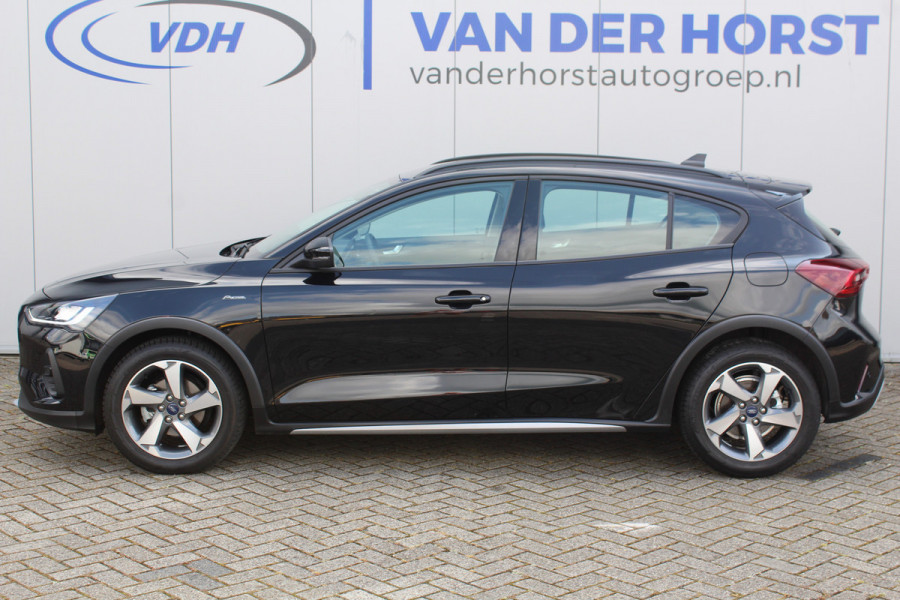 Ford Focus 1.0-125pk EcoBoost Hybrid Active. Garantie t/m 22-03-2027 ! Slechts 6.800km ! Volautm. airco, Stuur-, stoel- en voorraamverwarming, Lane- en sideassist, Adaptive cruise cntrl, Camera, Parkeersensoren v+a, B&O soundsystem, metallic lak, LM wielen etc.