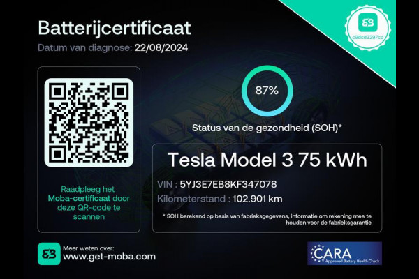 Tesla Model 3 Long Range AWD 75 kWh Trekhaak 87% SOH Certificaat