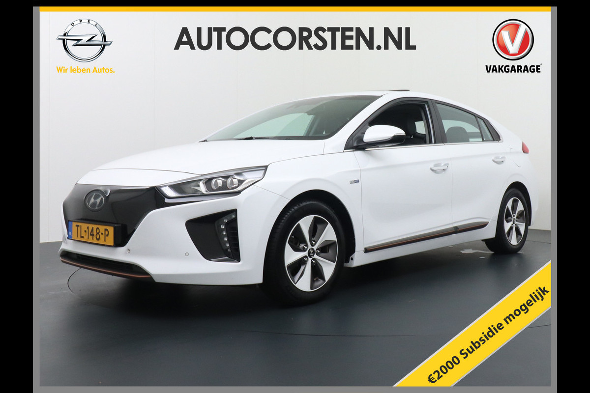 Hyundai IONIQ €10.895,- na Subsidie Premium EV Leder Schuifdak Navi Camera Adaptive-Cruise Elektr.Verst.Stoel Stuurverw. Apple/Android Pdc Ele Blindspot Lane-dep. Led Tel. Usb Ecc Isofix Lmv Orig. NLse auto €2.000,- subsidie