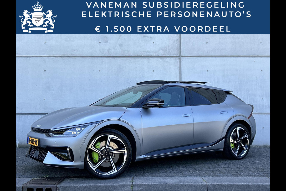 Kia Ev6 GT AWD 77.4 kWh 585 PK Automaat | Panoramadak | Moonscape Matte | 21" Velgen | Schaalstoelen | Medidian Audio | HUD | Apple CarPlay/Android Auto | Key-Less | Stuur-/Stoelverwarming |