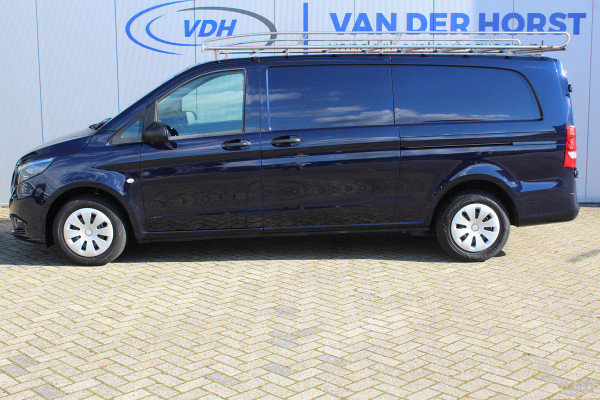 Mercedes-Benz Vito 116-163pk CDI XL, schuifdeur li.+re. Extra lange uitvoering ! Volautomatische airco, cruise control, achterdeuren, trekhaak, dubbele schuifdeur, laadruimte betimmerd, imperiaal, metallic lak, stoelen met armleuning.