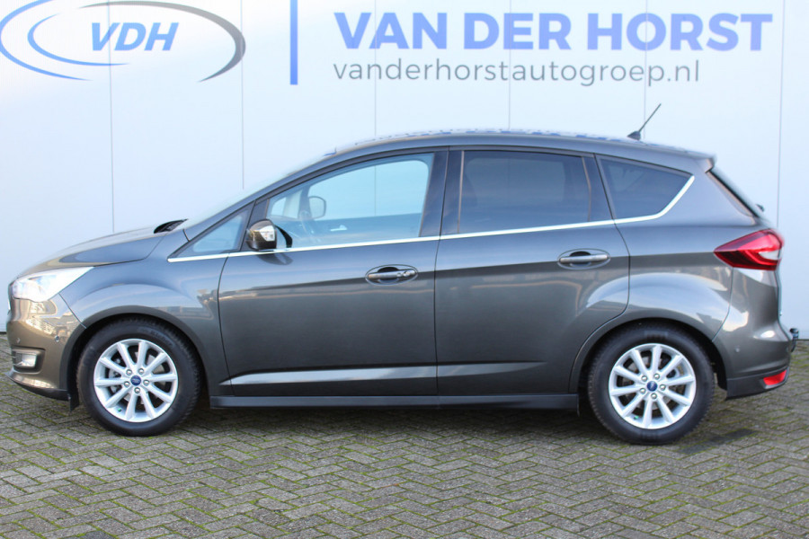 Ford C-MAX 1.0-125pk Titanium. Keurige, luxe en goed onderhoud wagen. Volautm. airco dual, stoel-, stuur- en voorraamverw., camera, parkeersensoren v+a, cruise control, parkeerassistent, trekhaak, navigatie, telefoonvoorb., LM wielen, metallic lak etc.