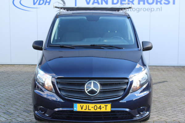 Mercedes-Benz Vito 116-163pk CDI XL, schuifdeur li.+re. Extra lange uitvoering ! Volautomatische airco, cruise control, achterdeuren, trekhaak, dubbele schuifdeur, laadruimte betimmerd, imperiaal, metallic lak, stoelen met armleuning.