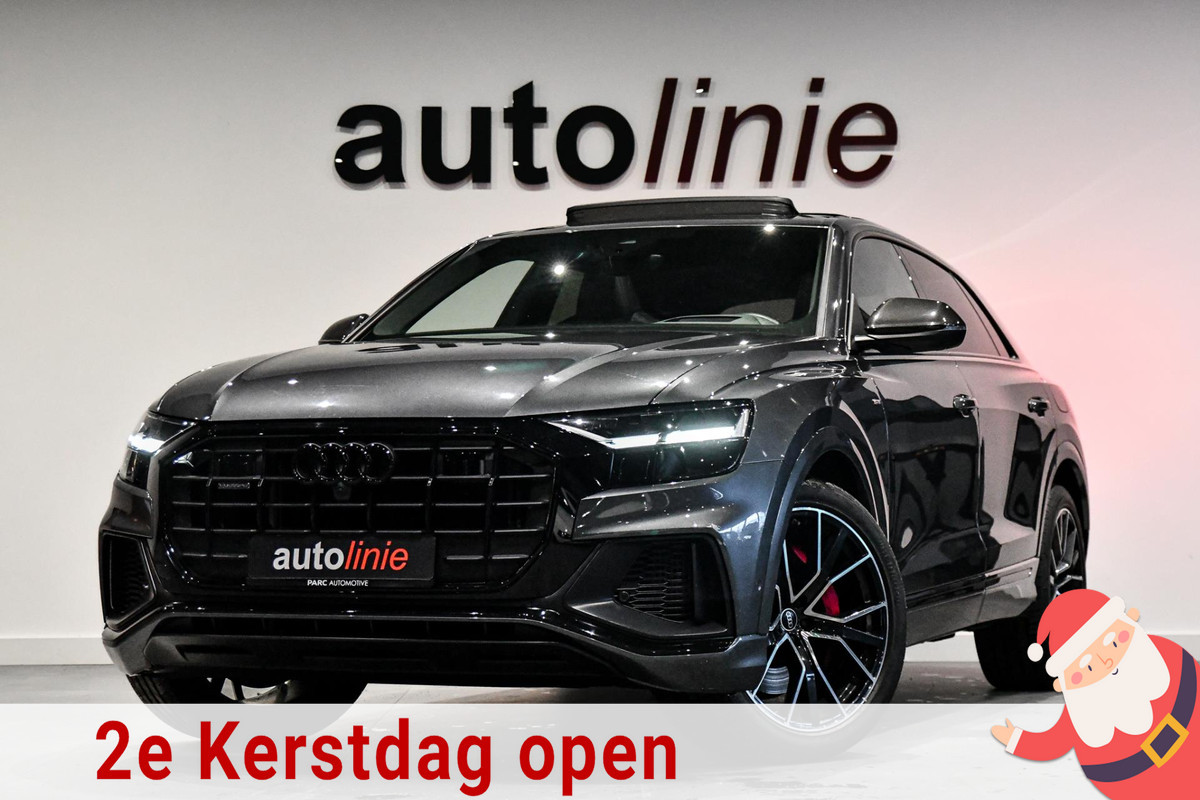 Audi Q8 55 TFSI e quattro Comp., 3x S-Line. RS zetels, Carbon, Softcl, Pano, ACC, 360, HUD, Keyless, Dodeh, Stuurvw, Trekhaak!