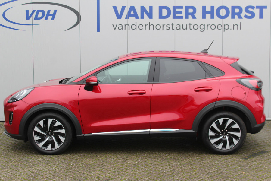 Ford Puma 1.0-125pk EcoBoost Mild-Hybrid Titanium. Fabrieksgarantie t/m 09-05-2027 ! Volautm. airco, stoel-, stuur- en voorraamverwarming, trekhaak, privacy glass, adaptive cruise cntrl, dodehoek assistent, camera, pdc v+a, rij-assistent pakket, winterpakket, metallic lak etc