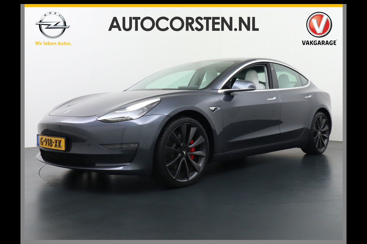 Tesla Model 3 Performance AWD 513pk 0-100 3,4 sec. 20" FSD-vb. AutoPilot Carbon Spoiler Premium-HiFi Pano.dak Camera Leer Adaptive-Cruise+Stop 4wd Rode Remklauwen Carbon-Spoiler Premium Audio Veel grip door 4WD vierwielaandrijving.  Origineel Nederlandse auto ! 1e eigenaar 67000 nieuw