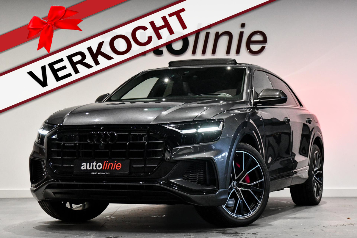 Audi Q8 55 TFSI e quattro Comp., 3x S-Line. RS zetels, Carbon, Softcl, Pano, ACC, 360, HUD, Keyless, Dodeh, Stuurvw, Trekhaak!