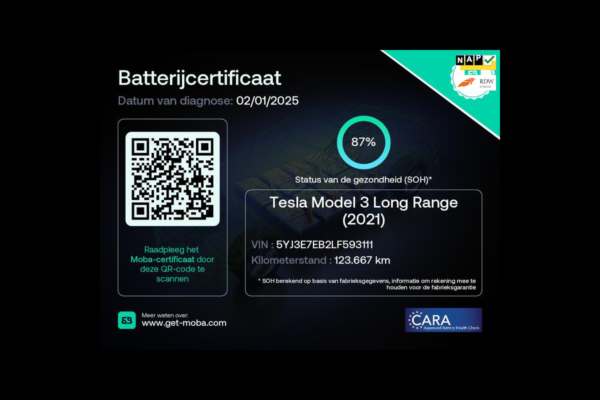 Tesla Model 3 Long Range AWD 75 kWh 87% SOH Trekhaak (1.000kg)