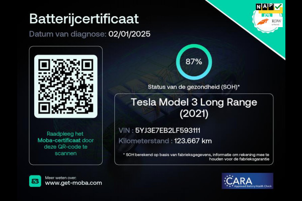 Tesla Model 3 Long Range AWD 75 kWh 87% SOH Trekhaak (1.000kg)