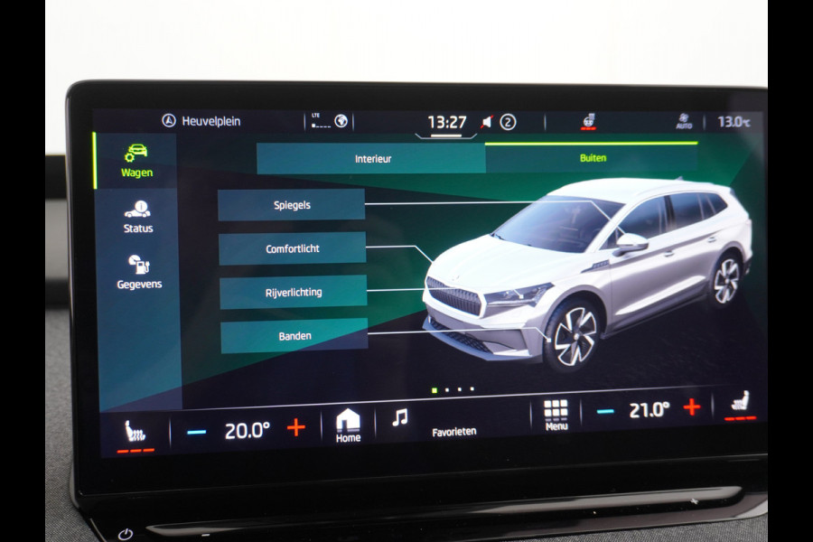 Škoda ENYAQ iV 80 Apple Carplay Android Auto-Pilot Navi Pano-dak HUD DCC Trekhaak Ecc Elec.Stoel met memory Adaptieve Cruise Control Camera Key NoodremAssist Stoelverwarming Bluetooth Dodehoek detector Draadloze tel.lader Lmv 20" Rijstrooksensor Regen-Lichtsensor DCC Adaptive Chassisregeling 1e Eigenaar