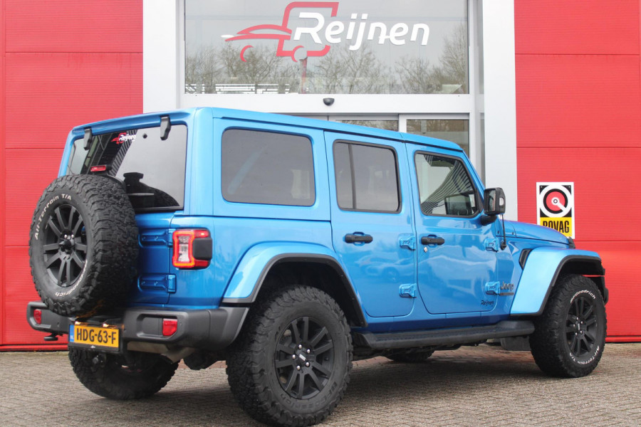 Jeep Wrangler Unlimited 4xe 380PK 80th ANNIVERSARY | W TEC EXTREME WHEELS | NAVIGATIE | APPLE CARPLAY/ANDROID AUTO | ACHTER/VOOR CAMERA | TREKHAAK | UITNEEMBARE DAKPLATEN | LEDEREN BEKLEDING | STOEL/STUUR VERWARMING | LED KOPLAMPEN | ADAPTIVE CRUISE CONTROL | TREE PLANKEN |