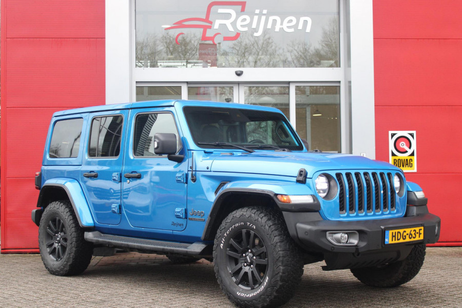 Jeep Wrangler Unlimited 4xe 380PK 80th ANNIVERSARY | W TEC EXTREME WHEELS | NAVIGATIE | APPLE CARPLAY/ANDROID AUTO | ACHTER/VOOR CAMERA | TREKHAAK | UITNEEMBARE DAKPLATEN | LEDEREN BEKLEDING | STOEL/STUUR VERWARMING | LED KOPLAMPEN | ADAPTIVE CRUISE CONTROL | TREE PLANKEN |