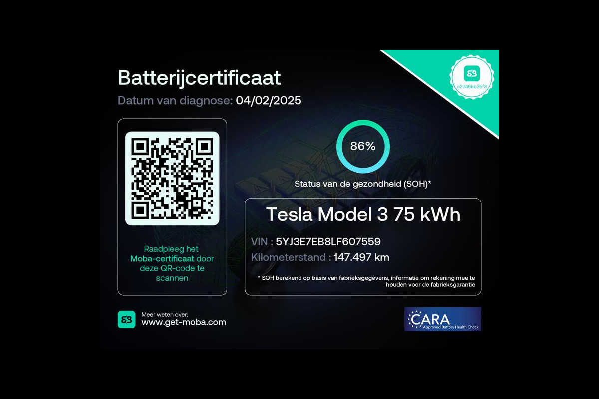 Tesla Model 3 Long Range AWD 75 kWh 86% SOH Trekhaak (1.000kg)