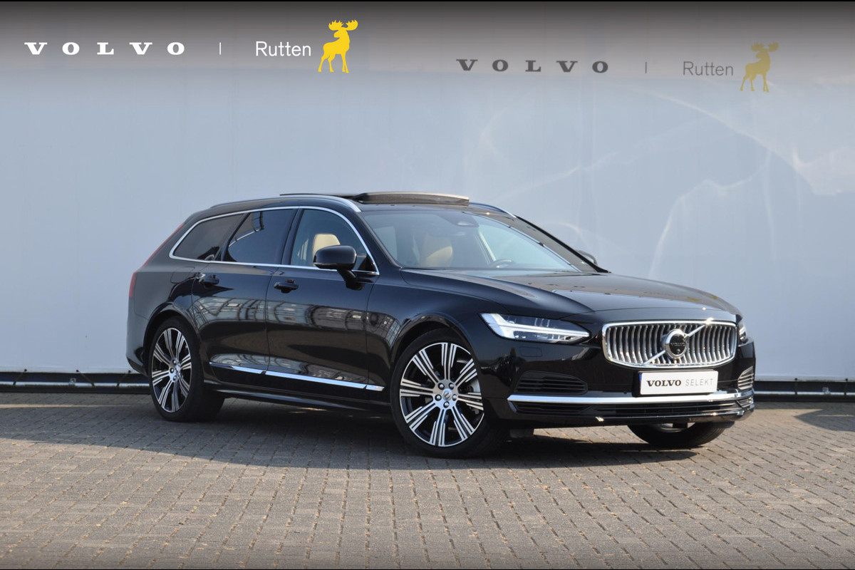 Volvo V90 T6 350PK Automaat Recharge AWD Ultimate Bright / Stoelmassage / Stoelventilatie en verwarming / Luchtvering / 360 Camera / Nappaleder / Head-up display / Apple Carplay / BLIS /