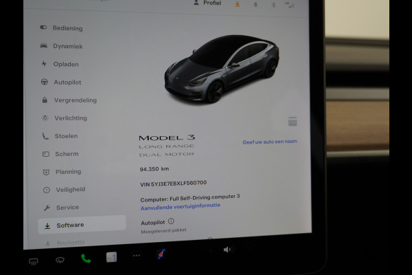 Tesla Model 3 Long Range 75kWh 463PK FSD-Full Self Driving Computer-3 Premium Audio 4wd  18" Lmv AutoPilot Panoramadak Camera's Leder Adaptive Stoel en achterbank verwarming Keyless Electr.Stoelen+Memory+Easy-Entry WiFi Origineel Nederlandse auto Grootste accu, Tot 16,5kwh thuis laden.