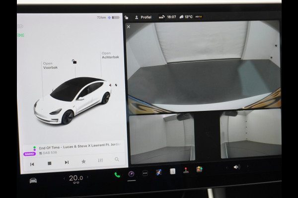 Tesla Model 3 SR+ 60kWh 325PK 18" AutoPilot Leder PanoDak Adaptive cruise Camera's Elektr.-Stuur+Stoelen+Spiegels+Geheugen+Easy-Entry+Verwarmd Navigatiesysteem full map LED-a+v Comfortstoelen ACC Dual-ECC DAB Voorverwarmen interieur via App Keyless via Telefoonsleutel One-Pedal-Drive Origineel Nederlandse auto Fase 3 laden! Garantie Accu tot 16-12-2027/Max 160.000km 1.584kg licht!