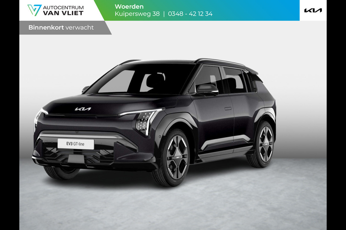 Kia EV3 GT-Line 81.4 kWh | Levering April | 600km Rijbereik | Navi | 19" | Adapt. Cruise | Clima | Schuif/Kanteldak | Stoel&Stuurverw. | Priv Glass | BSM | Harman Kardon | LED | Private Lease € 614,- Actie !