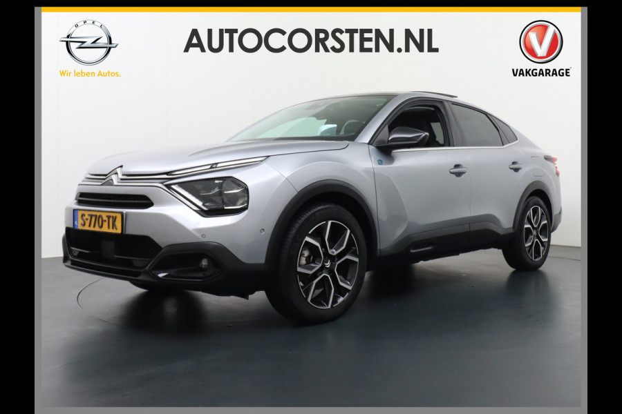 Citroën Ë-C4 X 50kWh Leder Panodak Warmtepomp Camera Stuurverwarming Voorruitverwarming Apple Carplay Android Auto Full-Led Keyless Navi Pdc Visio Park 1 Pack HiFi-audio Lmv 18" Dab Geluidsisolerend glas Shine Fase 3 laden, 1e Eigenaar, Zeer compleet!