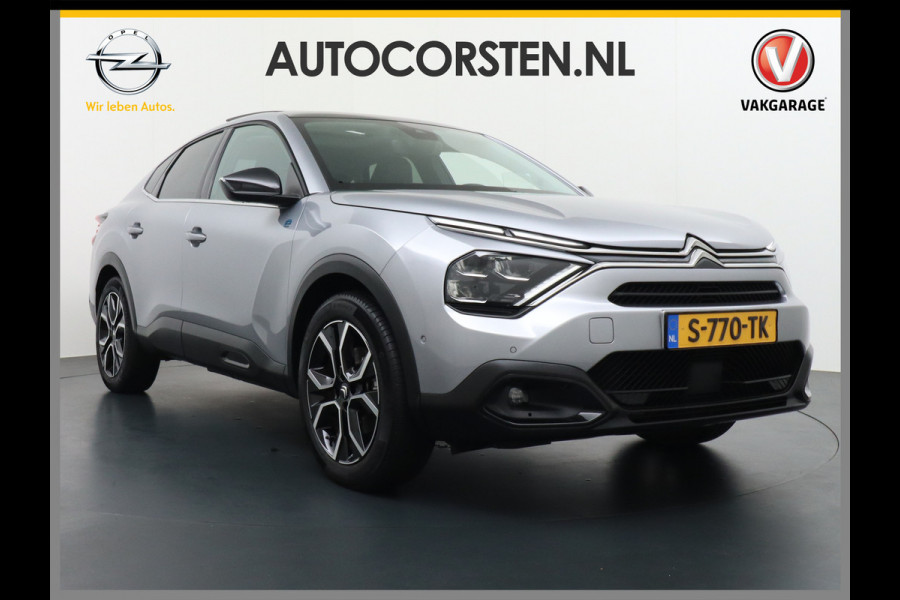 Citroën Ë-C4 X 50kWh Leder Panodak Warmtepomp Camera Stuurverwarming Voorruitverwarming Apple Carplay Android Auto Full-Led Keyless Navi Pdc Visio Park 1 Pack HiFi-audio Lmv 18" Dab Geluidsisolerend glas Shine Fase 3 laden, 1e Eigenaar, Zeer compleet!