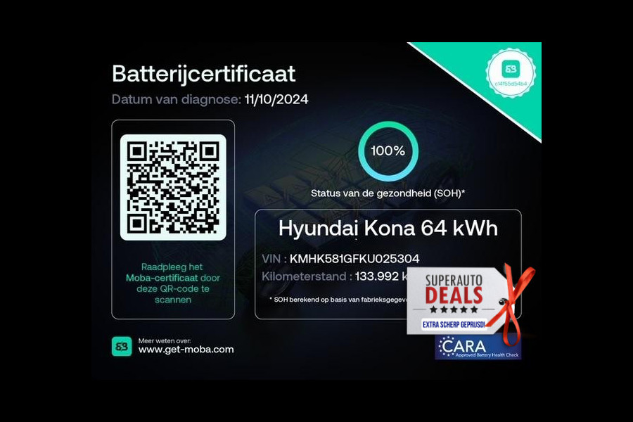 Hyundai Kona EV PREMIUM 204 PK ACCU=100% BERIJK TOT 508 KM !!! Hyundai Kona EV PREMIUM 204 PK PANORAMADAK ACCU=100% 64Kwh. LEER. NAVI. KEYLESS. FULL OPTION. TOT 5 JAAR GARANTIE*