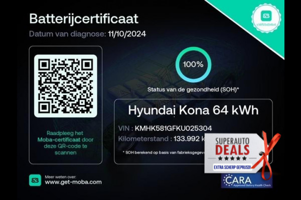 Hyundai Kona EV PREMIUM 204 PK ACCU=100% BERIJK TOT 508 KM !!! Hyundai Kona EV PREMIUM 204 PK PANORAMADAK ACCU=100% 64Kwh. LEER. NAVI. KEYLESS. FULL OPTION. TOT 5 JAAR GARANTIE*