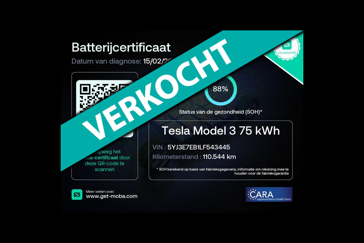 Tesla Model 3 Long Range AWD 75 kWh 88% SOH Trekhaak (1.000kg)