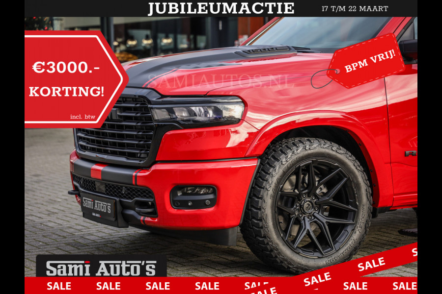 Dodge Ram 2025 NIGHT PREMIUM | BOM VOL + 14.4 INCH SCHERM + LUCHTVERING + HUD | HURRICANE 420PK 636 Nm | PRIJS MET LPG EN COVER EN GARANTI DUBBELE CABINE | PICK UP | 5 PERSOONS | DC | GRIJSKENTEKEN | PR4 FLAME RED | VOORRAAD NR 2234 - 4995