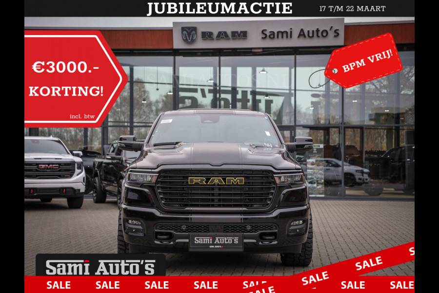 Dodge Ram PREMIUM | MAY 2025 BOM VOL | HEAD UP + 14.4 INCH SCHERM | LUCHTVERING | 420PK 636 Nm | PRIJS MET LPG EN COVER EN GARANTIE | DUBBELE CABINE | PICK UP | 5 PERSOONS | DC | GRIJSKENTEKEN | VOORRAAD NR 2288 - 4952