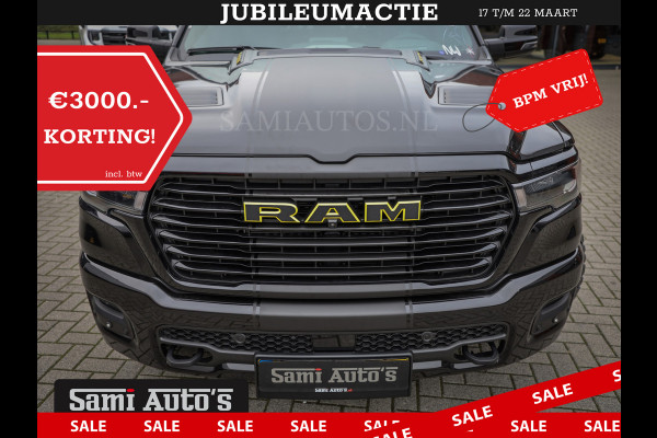 Dodge Ram PREMIUM | MAY 2025 BOM VOL | HEAD UP + 14.4 INCH SCHERM | LUCHTVERING | 420PK 636 Nm | PRIJS MET LPG EN COVER EN GARANTIE | DUBBELE CABINE | PICK UP | 5 PERSOONS | DC | GRIJSKENTEKEN | VOORRAAD NR 2288 - 4952