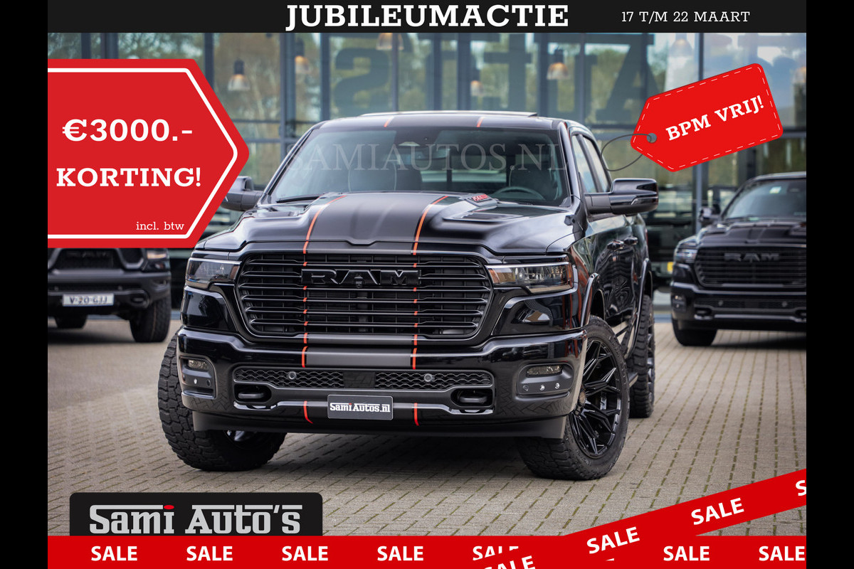 Dodge Ram PREMIUM NIGHT EDITION | | 420PK 636 Nm | BOM VOL + 14.4 INCH SCHERM | LUCHTVERING | HUD | PRIJS MET LPG EN COVER EN GARANTIE | DUBBELE CABINE | PICK UP | 5 PERSOONS | DC | GRIJSKENTEKEN | VOORRAAD NR 2283 - 3326