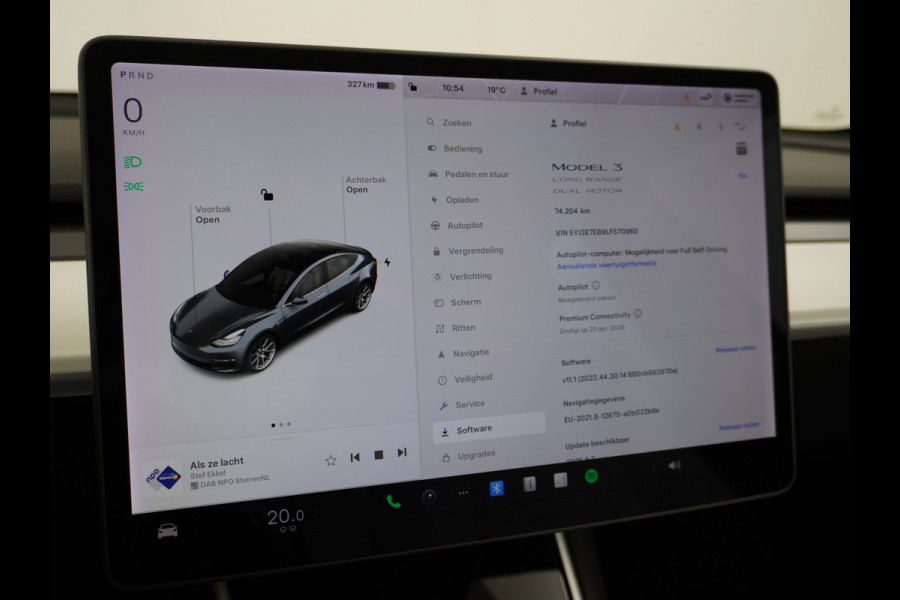 Tesla Model 3 Long Range AWD 75kWh IVOOR 463PK 18" FSD-Full Self Driving Computer Premium Audio 4wd AutoPilot Panoramadak Camera's Leer Adapti Ecc Dual-Motor Keyless Stoel+Achterbank verwarming Electr.Stoelen+Memory+Easy-Entry WiFi Origineel Nederlandse auto Grootste accu Tot 16,5kwh thuis laden. Accu/Motor Garantie tot 27-12-2027 max 192.000km