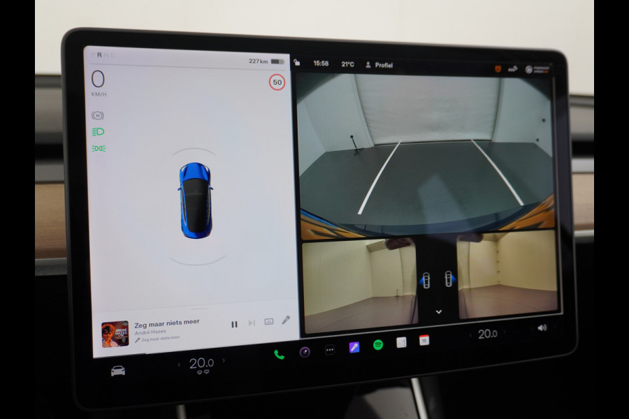 Tesla Model 3 2020 RWD SR+ 60kWh 325PK FSD-3 Computer AutoPilot Leder PanoDak Adaptive-Cruise Lmv 18" Camera's Elektr.-Stuur+Stoelen+Spiegels+ Navi LED Comfortstoelen ACC DAB Voorverwarmen interieur en Keyless via App Origineel Nederlandse auto tot 11kw laden thuis! Garantie Accu en motor tot 18-03-2028/160.000km 1.584kg licht!