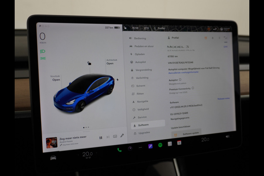 Tesla Model 3 2020 RWD SR+ 60kWh 325PK FSD-3 Computer AutoPilot Leder PanoDak Adaptive-Cruise Lmv 18" Camera's Elektr.-Stuur+Stoelen+Spiegels+ Navi LED Comfortstoelen ACC DAB Voorverwarmen interieur en Keyless via App Origineel Nederlandse auto tot 11kw laden thuis! Garantie Accu en motor tot 18-03-2028/160.000km 1.584kg licht!