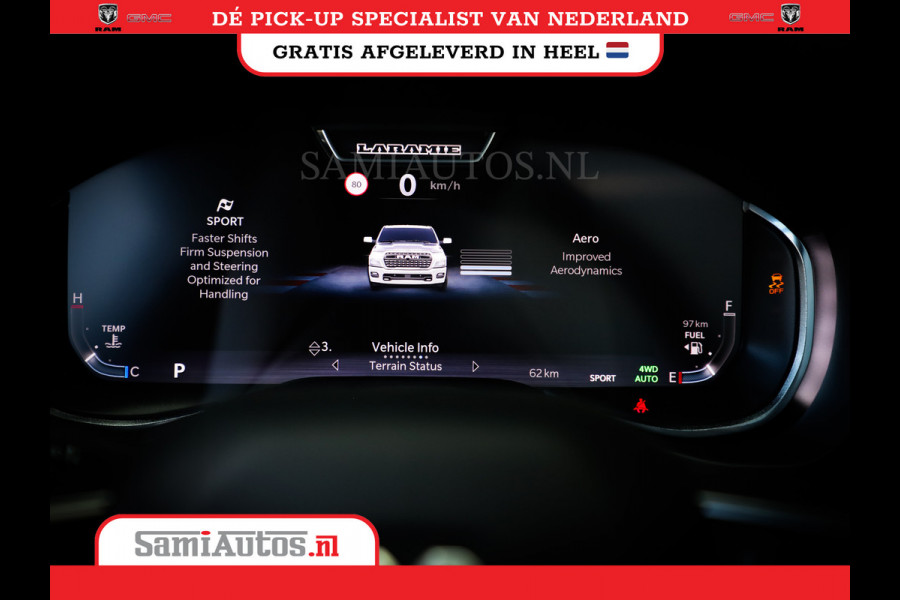 Dodge Ram PREMIUM NIGHT EDITION | | 420PK 636 Nm | BOM VOL + 14.4 INCH SCHERM | LUCHTVERING | HUD | PRIJS MET LPG EN COVER EN GARANTIE | DUBBELE CABINE | PICK UP | 5 PERSOONS | DC | GRIJSKENTEKEN | VOORRAAD NR 2283 - 3326