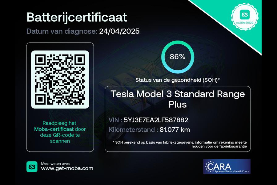 Tesla Model 3 STD RANGE-PLUS 239 PK ACCUTEST 86 %! 1e EIG. LEDER INTERIEUR. SLECHTS 81.000 KM TOT 2 JAAR GARANTIE