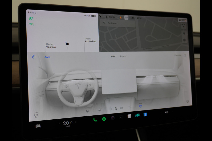 Tesla Model 3 RWD SR+ 60kWh 325PK FSD 3-Computer Lmv 18" AutoPilot Leder PanoDak Adaptive-Cruise Lmv Camera's Elektr.-Stuur+Stoelen+Spiegels+G Navi LED Comfortstoelen ACC DAB Keyless en Voorverwarmen interieur via App One-Pedal-Drive Origineel Nederlandse auto tot 11kw laden thuis! Garantie Accu tot 18-03-2028 max 160.000km 1.584kg licht!