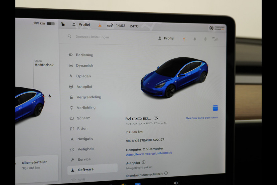 Tesla Model 3 RWD SR+ 60kWh 325PK Lmv 18" AutoPilot Leder PanoDak Adaptive-Cruise Lmv Camera's Elektr.-Stuur+Stoelen+Spiegels+Geheugen+Easy-En Navi LED Comfortstoelen ACC DAB Keyless en Voorverwarmen interieur via App One-Pedal-Drive Origineel Nederlandse auto tot 11kw laden thuis! Garantie Accu tot 26-09-2027 max 160.000km 1.584kg licht!