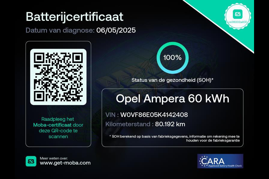 Opel Ampera-E Business Executive 60 kWh 100% SOH Certificaat