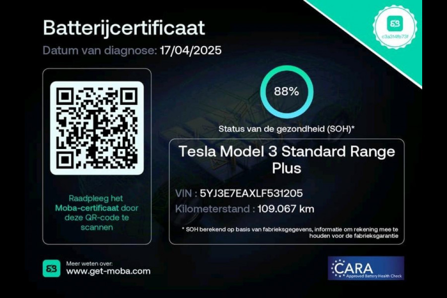 Tesla Model 3 Standard RWD Plus 60 kWh 88% SOH Autopilot 19 inch