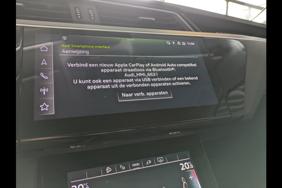 Audi e-tron Sportback 55 Quattro 408pk 95kWh Luchtvering Adaptive-Cruise Apple Carplay Android Trekhaak Elektr.Sport-Stoel+Leder/Alcantara+Verwarmd+Ge Keyless Audi sound system Lane-Assist Audi-smartphone-interface Rijstrooksensor Wifi Fase 3 Laden
