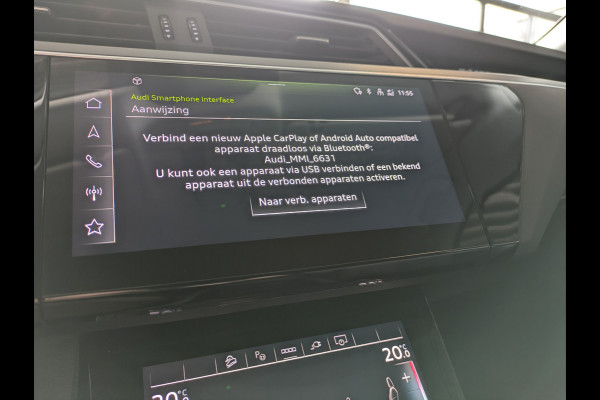 Audi e-tron Sportback 55 Quattro 408pk 95kWh Luchtvering Adaptive-Cruise Apple Carplay Android Trekhaak Elektr.Sport-Stoel+Leder/Alcantara+Verwarmd+Ge Keyless Audi sound system Lane-Assist Audi-smartphone-interface Rijstrooksensor Wifi Fase 3 Laden