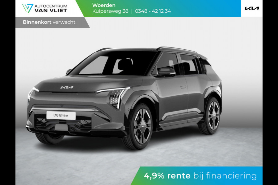 Kia EV3 GT-PlusLine 81.4 kWh | Levering Juni | 600km Rijbereik | Navi | 19" | Adapt. Cruise | Clima | Schuif/Kanteldak | Stoel&Stuurverw. | Priv Glass | BSM | Harman Kardon | HUD | 360 Camera | Private Lease € 644,- Actie !