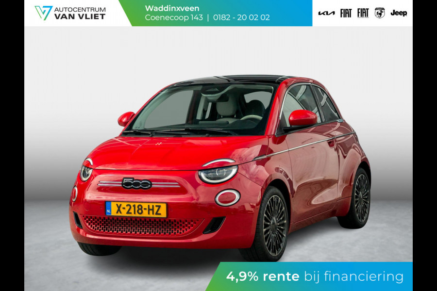 Fiat 500E 3+1 La Prima 42 kWh | Clima | Cruise | Leder | 17" | Priv Glass | Winter Pack | JBL Sound | BSM | Apple Carplay
