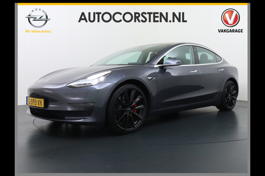 Tesla Model 3 Performance AWD 513pk 0-100 in 3,4 sec! Lmv-20" FSD-Comp.3 AutoPilot Carbon-Spoiler Premium-HiFi Pano.dak Camera Leer Adaptive-C Camera Navi LED ACC DAB Voorverwarmen interieur en Keyless via App One-Pedal-Drive Rode Remklauwen Origineel Nederlandse auto! Nieuwprijs €65.680 Garantie op Accu/Motor tot 21-12-2027 max 192.000km