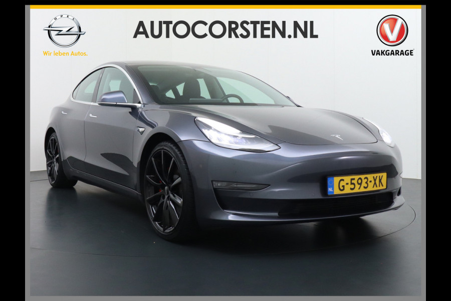 Tesla Model 3 Performance AWD 513pk 0-100 in 3,4 sec! Lmv-20" FSD-Comp.3 AutoPilot Carbon-Spoiler Premium-HiFi Pano.dak Camera Leer Adaptive-C Camera Navi LED ACC DAB Voorverwarmen interieur en Keyless via App One-Pedal-Drive Rode Remklauwen Origineel Nederlandse auto! Nieuwprijs €65.680 Garantie op Accu/Motor tot 21-12-2027 max 192.000km