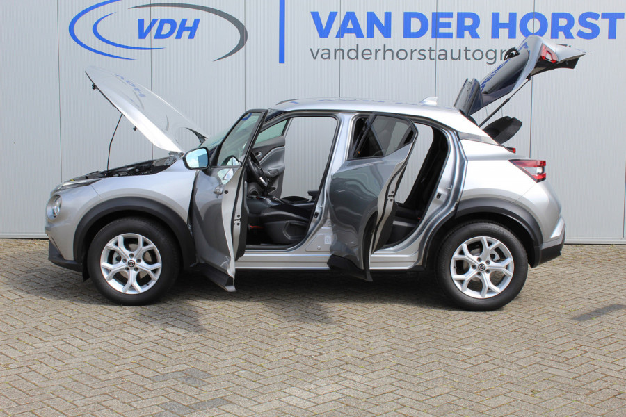 Nissan Juke 1.0-117pk DIG-T N-Connecta. Werkelijk in nieuwstaat ! Slechts 12.600km ! Volautm. airco, privacy glass, metallic lak, LM wielen, navigatie, camera, pdc v+a, telefoonvoorb.,  keyless entry&go, LED etc.