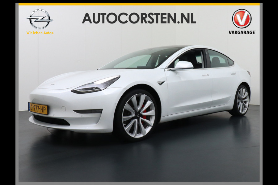 Tesla Model 3 4WD Performance 513pk 3,4 sec 0-100 ! 20" FSD-vb. AutoPilot Carbon-Spoiler Premium-HiFi Pano.dak Camera Leer Adaptive-Cruise+Sto Navi LED ACC DAB Voorverwarmen interieur en Keyless via App One-Pedal-Drive Rode Remklauwen Carbon-Spoiler Origineel Nederlandse auto ! nieuwprijs euro 64.580 euro Garantie op Accu tot 27-09-2027 max 192.000km