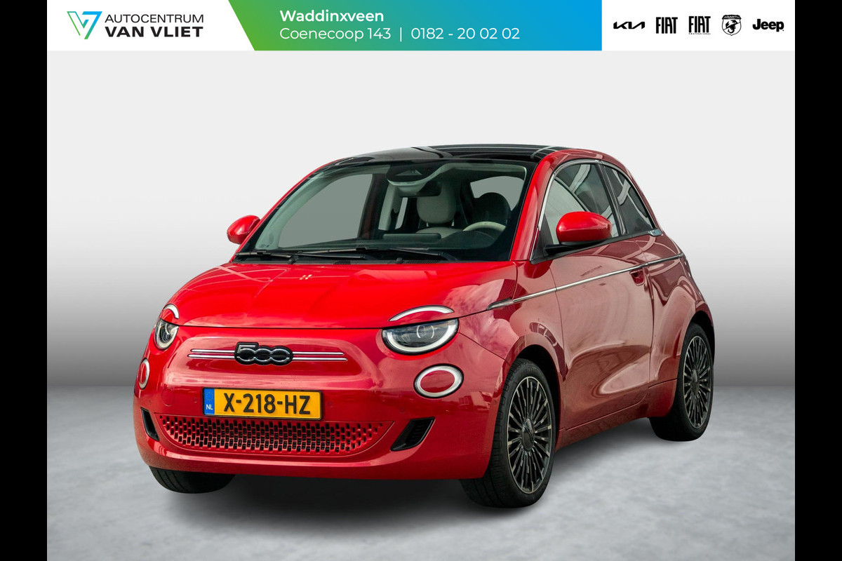 Fiat 500E 3+1 La Prima 42 kWh | Clima | Cruise | Leder | 17" | Priv Glass | Winter Pack | JBL Sound | BSM | Apple Carplay